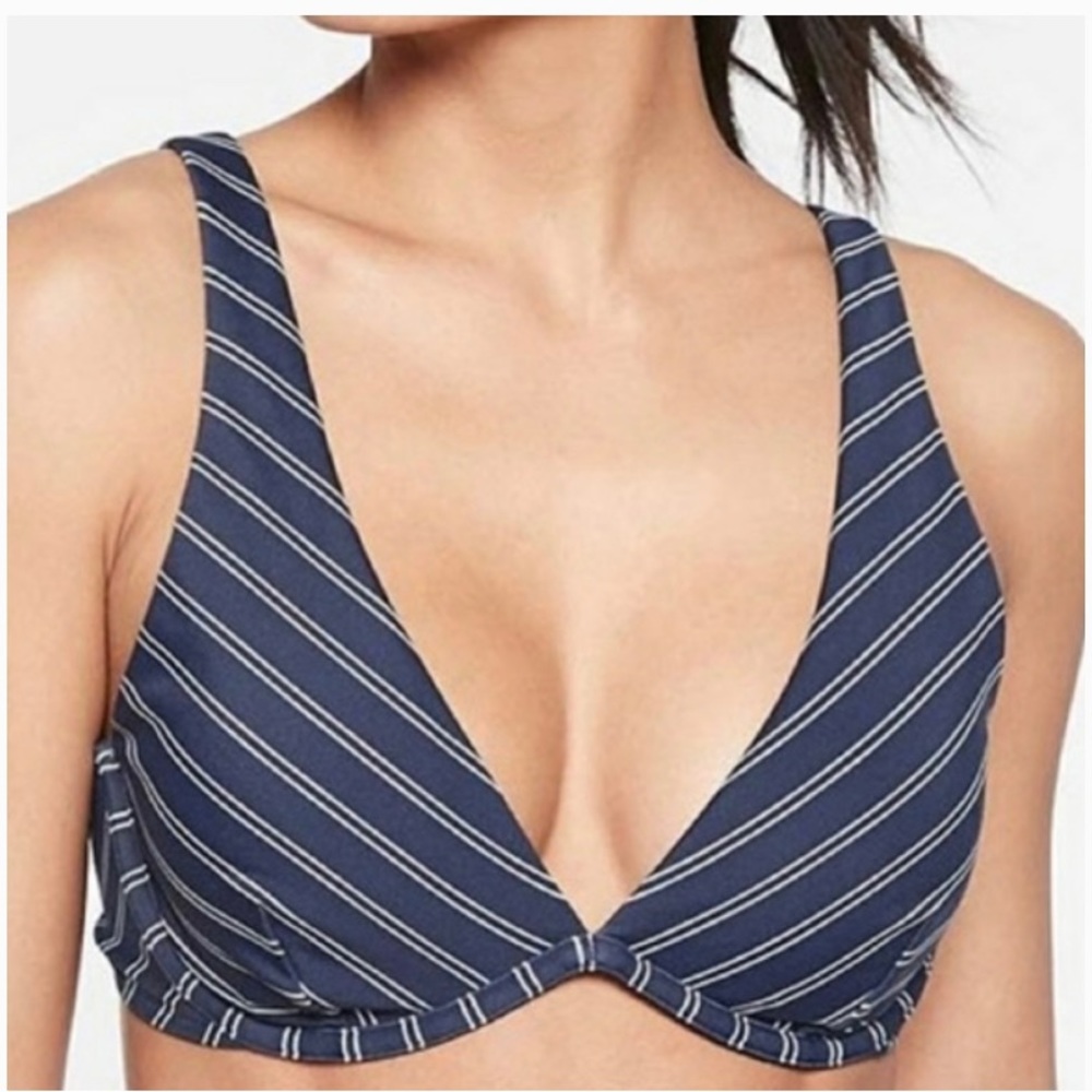 Athleta Piha Plunge Bikini Top, Blue White French Stripe, Size 34 D/DD